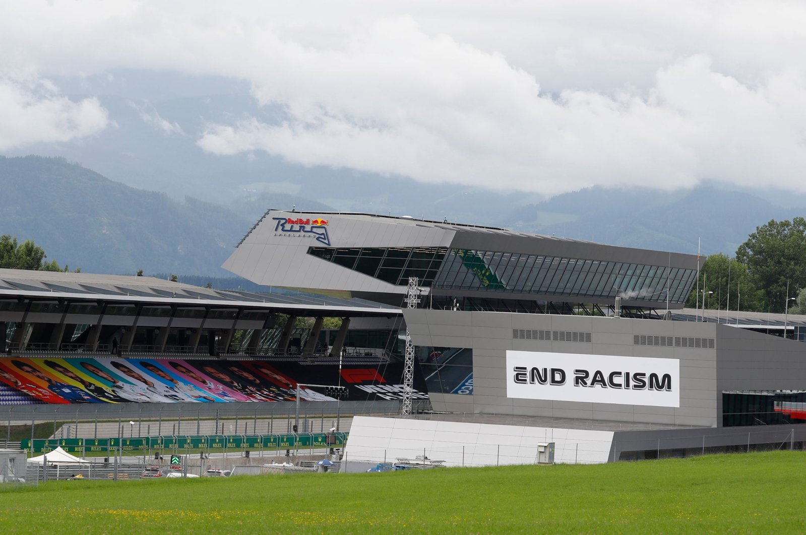 A banner reading "End Racism" is pictured at the pit building ahead the first practice session at the Austrian Formula One Grand Prix, in Spielberg, Austria, July 3, 2020. (AFP Photo)