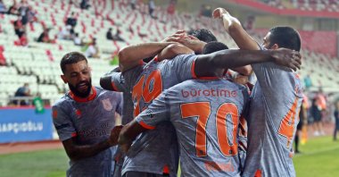 Başakşehir players celebrate victory against Antalyaspor, in Antalya, Turkey, July 4, 2020. (İHA Photo) 