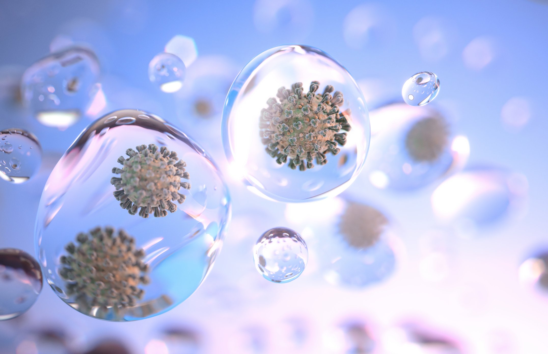Super-high magnification of coronavirus particles spread through tiny droplets of aerosols floating through the air. (iStock Photo)