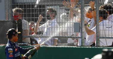 McLarens' Lando Norris sprays champagne after the Austrian Grand Prix in Spielberg, Austria, July 5, 2020. (AP Photo)