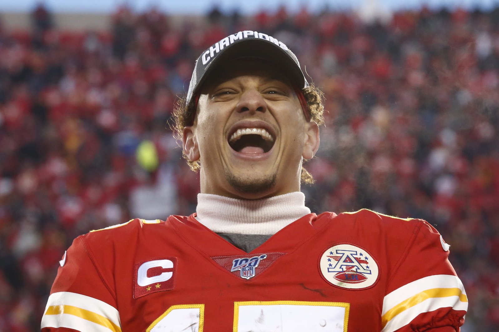 Kansas City Chiefs quarterback Patrick Mahomes laughs on stage after beating the Tennessee Titans in their AFC Championship game in Kansas City, Missouri, U.S., Jan. 19, 2020. (EPA Photo)