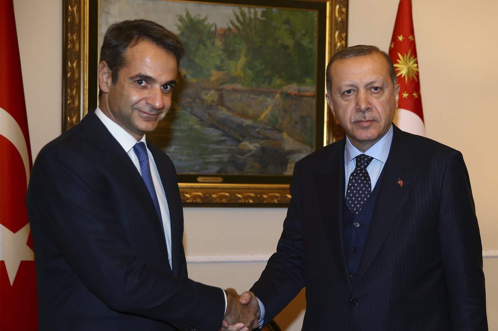 Turkey's President Recep Tayyip Erdoğan, right, on a two-day official visit to Greece, meets Kyriakos Mitsotakis, left, leader of the main opposition New Democracy party in Athens, Thursday, Dec. 7, 2017. (AP File Photo)