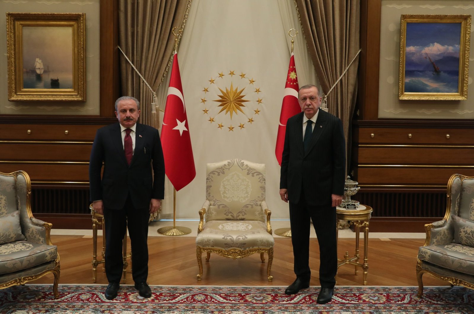 Parliament Speaker Mustafa Şentop is hosted by President Recep Tayyip Erdoğan at the presidential complex in the capital Ankara, June 17, 2020. (AA Photo)