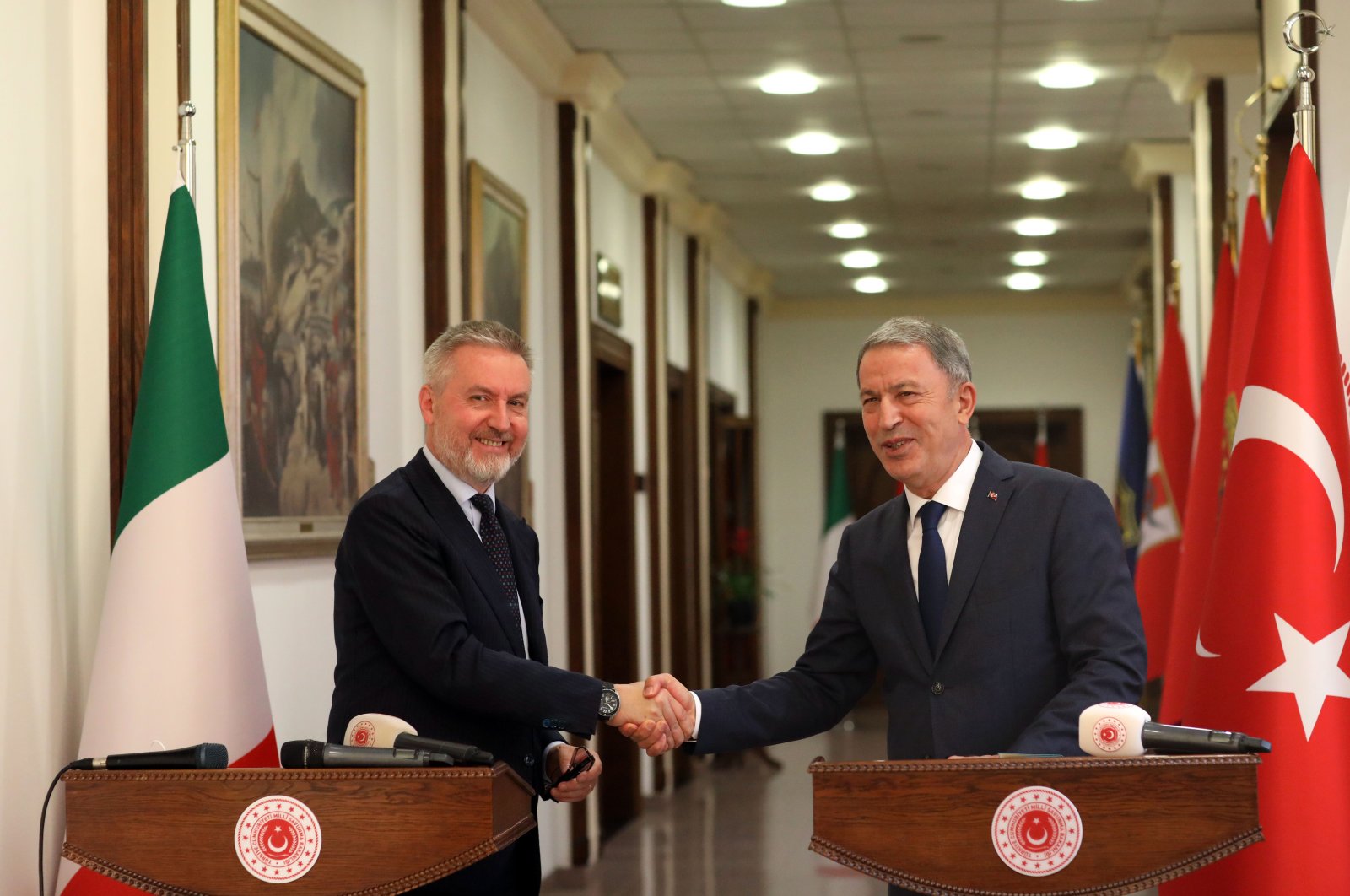 Turkish National Defense Minister Hulusi Akar (L) with Italian counterpart Lorenzo Guerini, July 7, 2020. (AA Photo)