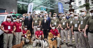 Trainees of the nature and animal police pose with Interior Minister Süleyman Soylu and police dogs, in Ankara, Turkey, July 8, 2020. (AA Photo) 