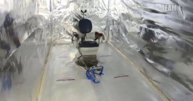 This still shot taken from video shows a sea container equipped as a torture chamber, in Wouwse Plantage, the Netherlands, July 7, 2020. (AP Photo)