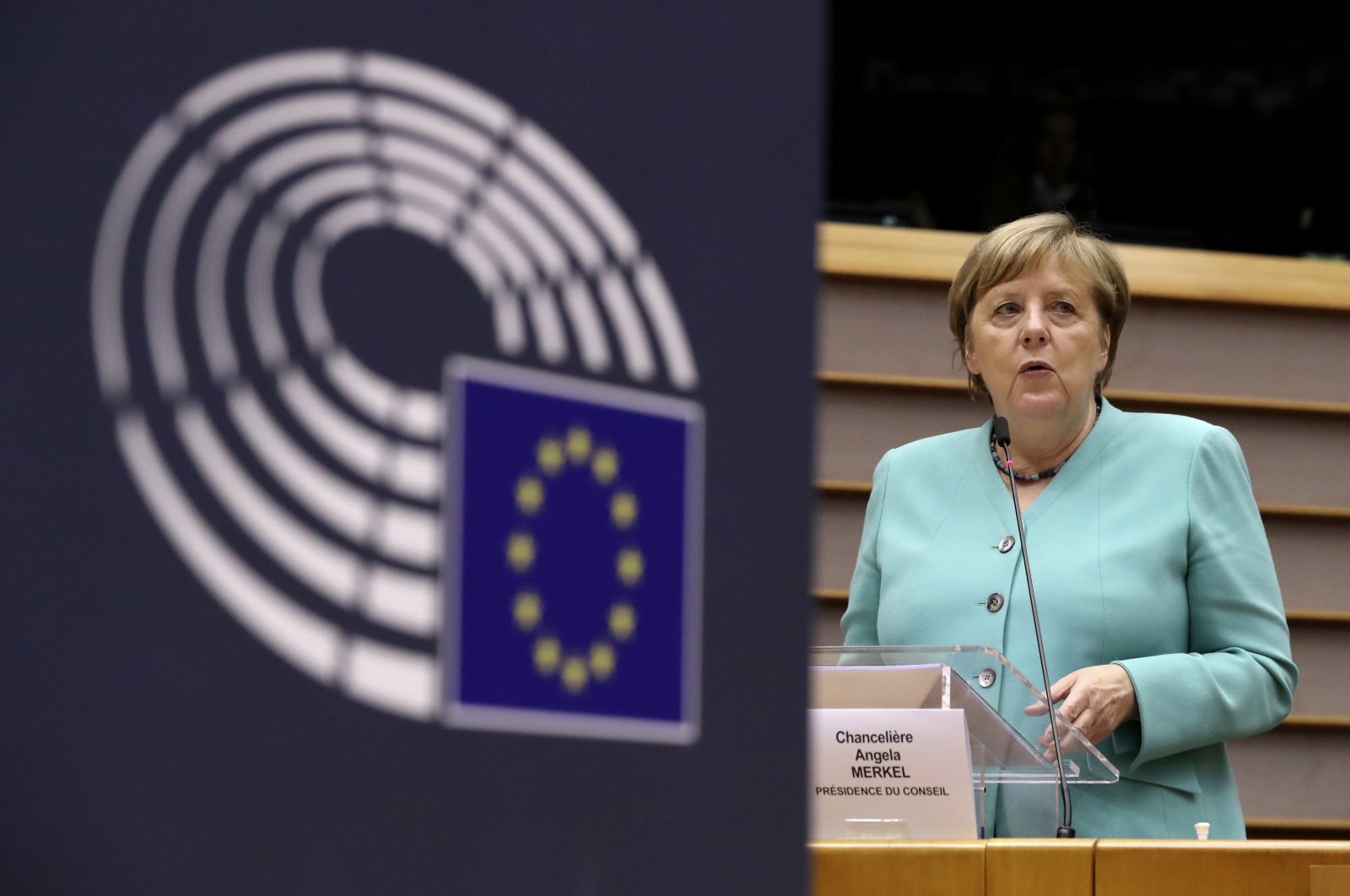 German Chancellor Angela Merkel addresses a plenary session at the European Parliament in Brussels, July 8, 2020. (AP Photo)
