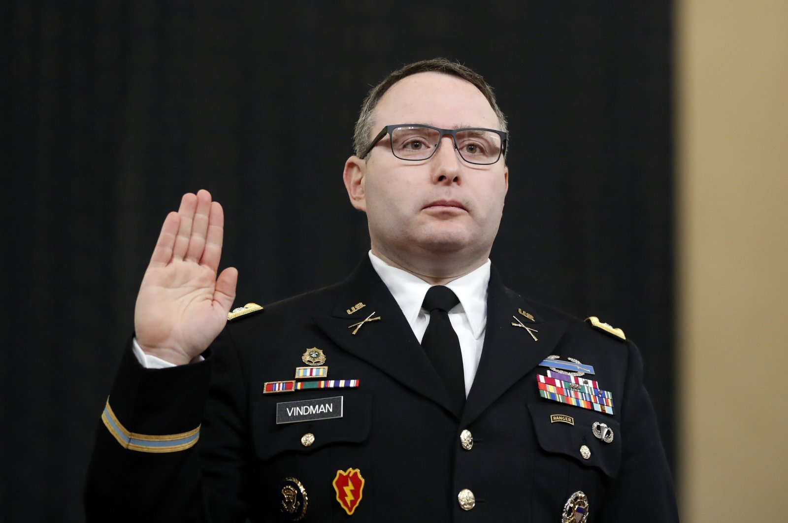 In this Nov. 19, 2019, file photo National Security Council aide Lt. Col. Alexander Vindman is sworn in to testify before the House Intelligence Committee on Capitol Hill in Washington. (AP Photo)