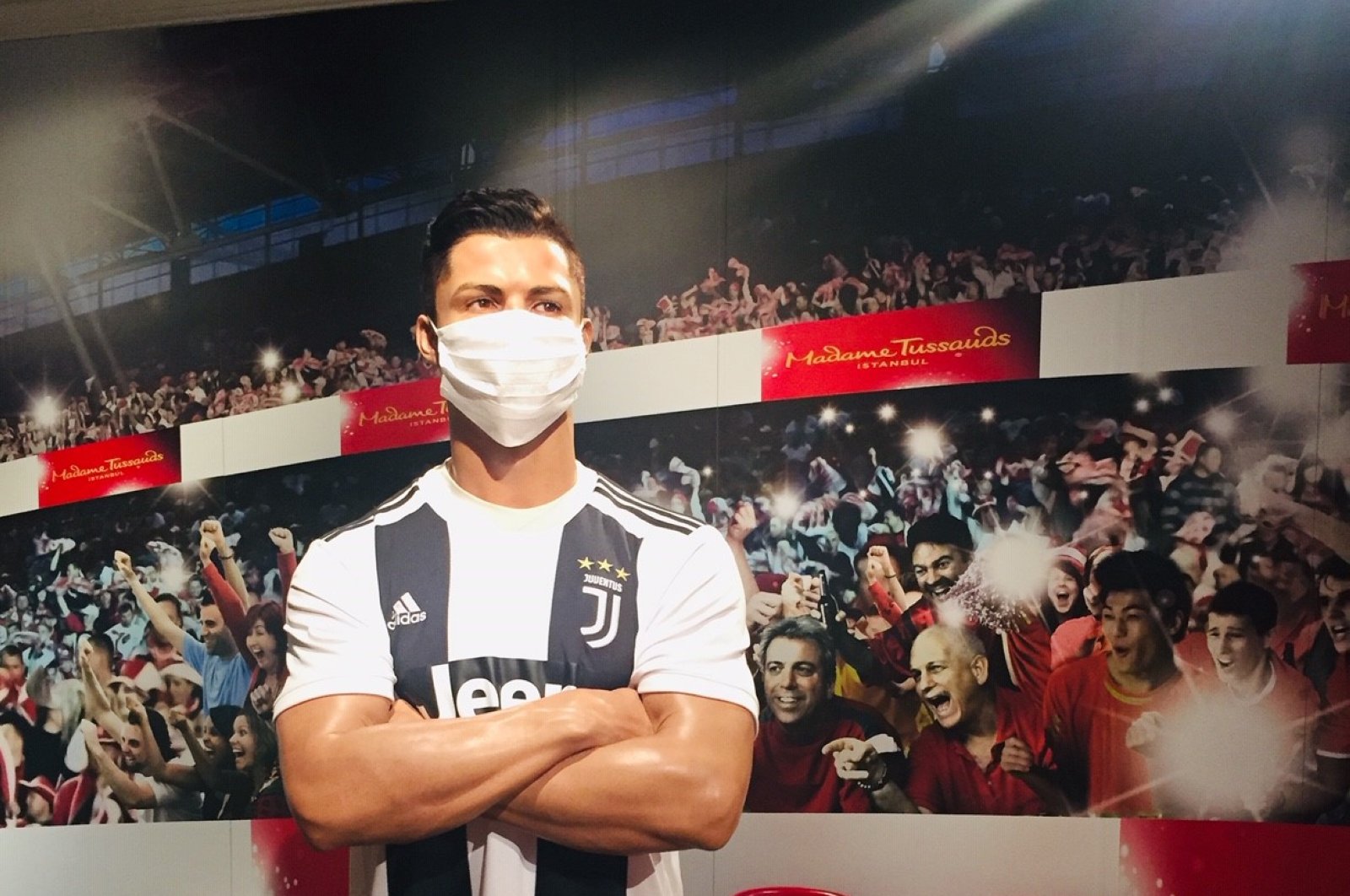 Cristiano Ronaldo's wax figure is seen wearing a mask in this photo in Istanbul, Turkey, July 8, 2020. (AA Photo)