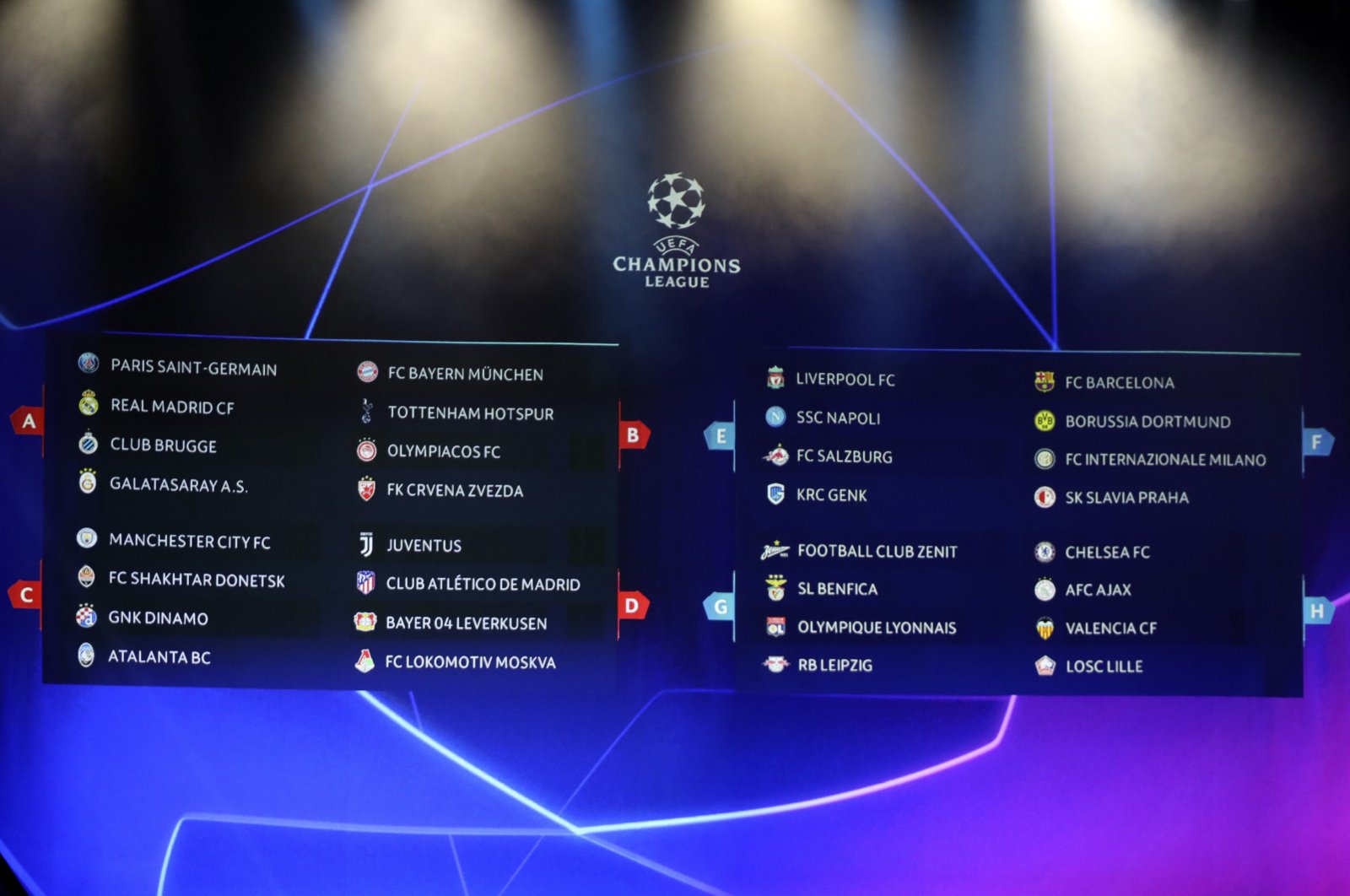 The screen shows the teams of UEFA Champions League group stage draw at the Grimaldi Forum, in Monaco, Aug. 29, 2019. (AP Photo)