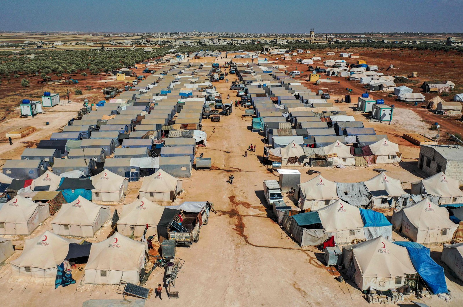 An aerial view of tents at the Azraq camp for displaced Syrians near the town of Maaret Misrin in Syria's northwestern Idlib province, July 9, 2020.  (AFP)