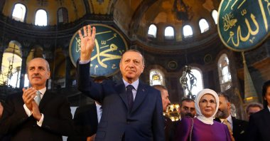 
President Recep Tayyip Erdoğan gestures during a visit to Hagia Sophia, in Istanbul, Turkey, March 31, 2018. (AA Photo) 
