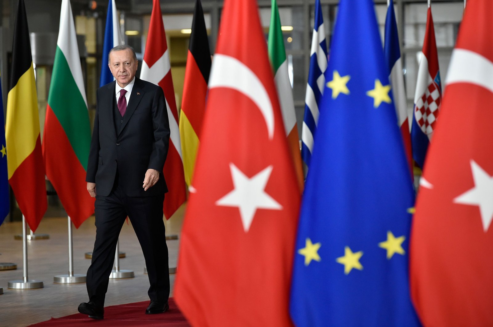 President Recep Tayyip Erdoğan arrives before a meeting with European Commission President and EU Council President at the EU headquarters in Brussels, March 9, 2020. (AFP Photo)