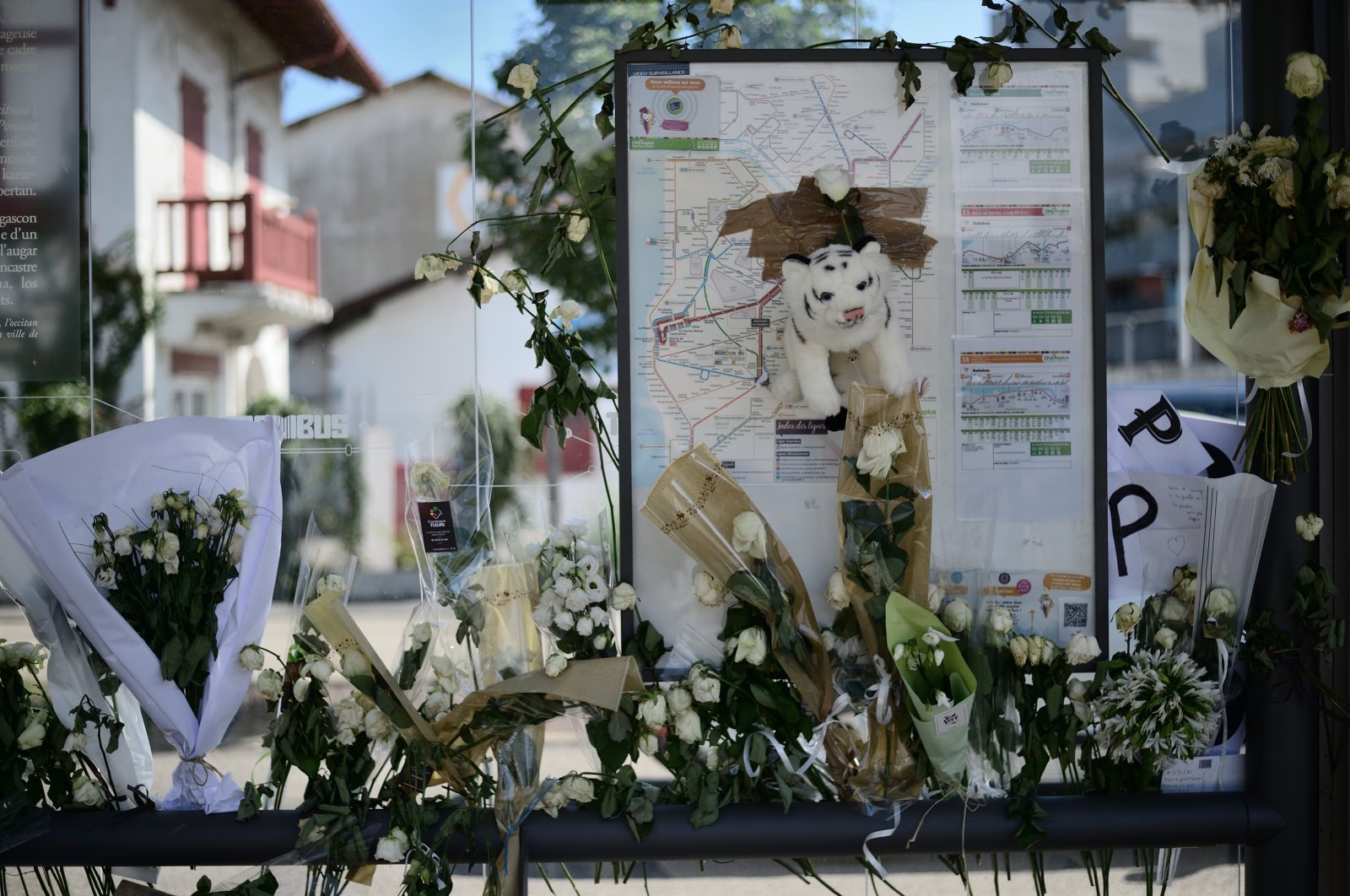 The Balishon bus stop the day after the death of Philippe Monguillot, the bus driver assaulted on Sunday 5 of July in Bayonne. Bayonne - July 11, 2020. (Reuters Photo)