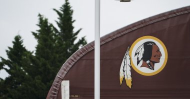 A Washington Redskins logo is seen on the outside of FedEx Field in Landover, Maryland, July 7, 2020. (AFP Photo)
