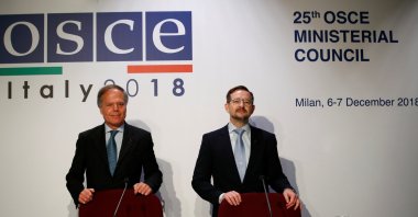 Italian Foreign Minister and OSCE Chairperson-in-Office Enzo Moavero Milanesi and OSCE Secretary General Thomas Greminger arrive for a press briefing at the end of the Organization for Security and Co-operation in Europe (OSCE) summit in Milan, Italy, Dec. 7, 2018. (Reuters File Photo)