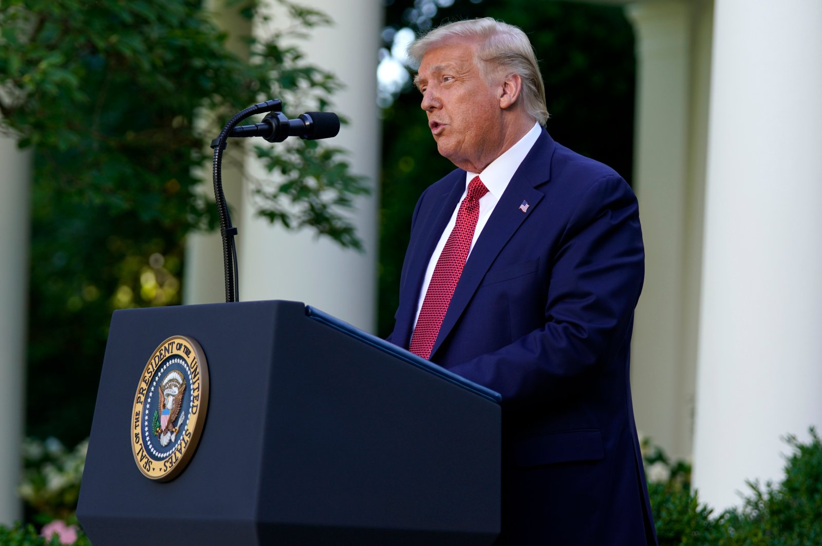 U.S. President Donald Trump speaks during a news conference in the Rose Garden of the White House, Tuesday, July 14, 2020, in Washington. (AP Photo)