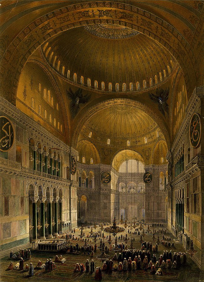 A hand-painted lithograph of Hagia Sophia by Belgian lithographer Louis Haghe after the Swiss architect Gaspare Fossati's restoration.