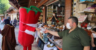 Dressed up as giant isot peppers, mascots distribute free masks to businesses and shop owners in Şanlıurfa, July 13, 2020. (AA Photo)