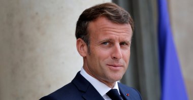 France's President Emmanuel Macron waits for Spanish Prime Minister Pedro Sanchez before a meeting at the Elysee Palace, Paris, July 15, 2020. (AP Photo)