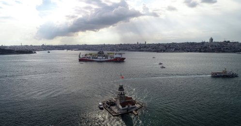 Turkey's drilling vessel, Fatih, sails through the Bosporus as it leaves for the Black Sea, Istanbul, Turkey, May 29, 2020. (Reuters Photo)