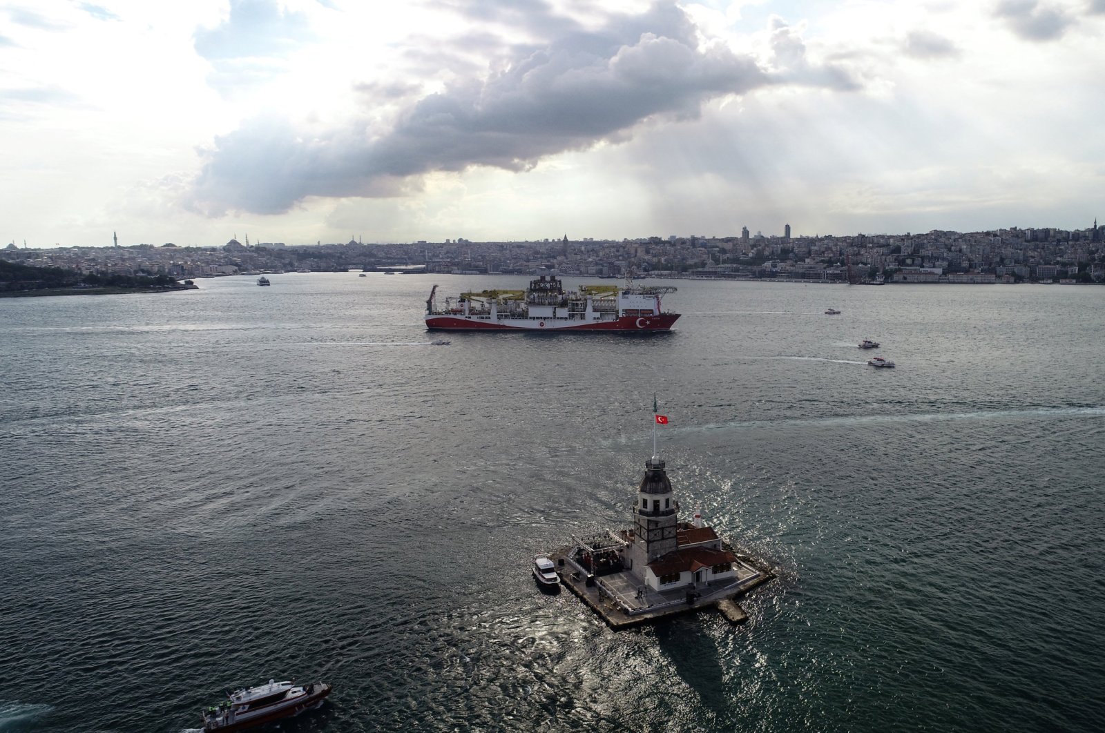 Turkey's drilling vessel, Fatih, sails through the Bosporus as it leaves for the Black Sea, Istanbul, Turkey, May 29, 2020. (Reuters Photo)