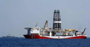 Turkish drilling vessel Yavuz is escorted by Turkish navy frigate TCG Gemlik (F-492) in the Eastern Mediterranean Sea off the island of Cyprus, Aug. 6, 2019. (Reuters Photo)