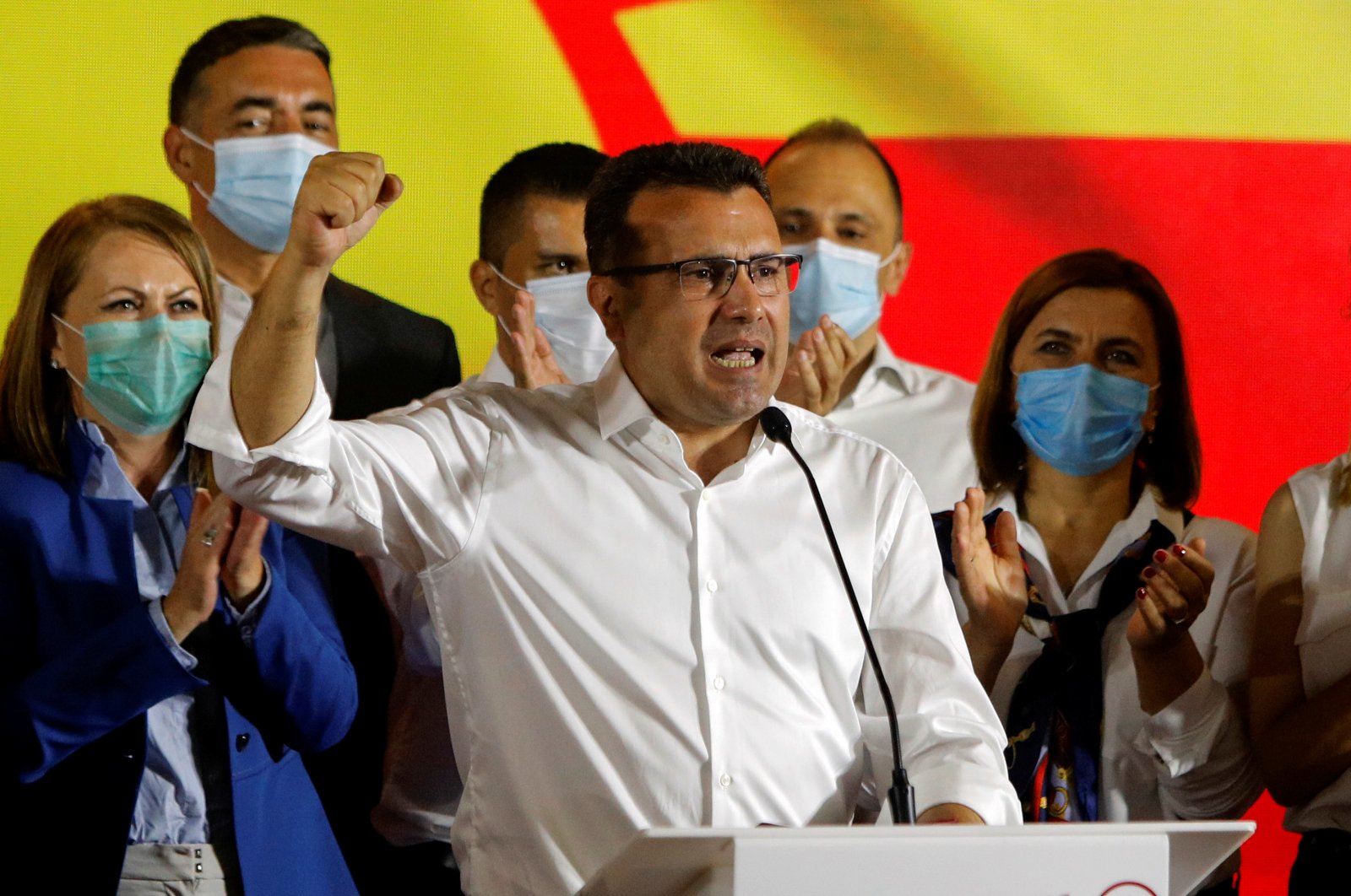 North Macedonia's former prime minister and leader of the ruling SDSM party Zoran Zaev celebrates his victory in a parliamentary election, Skopje, July 16, 2020. (REUTERS Photo)
