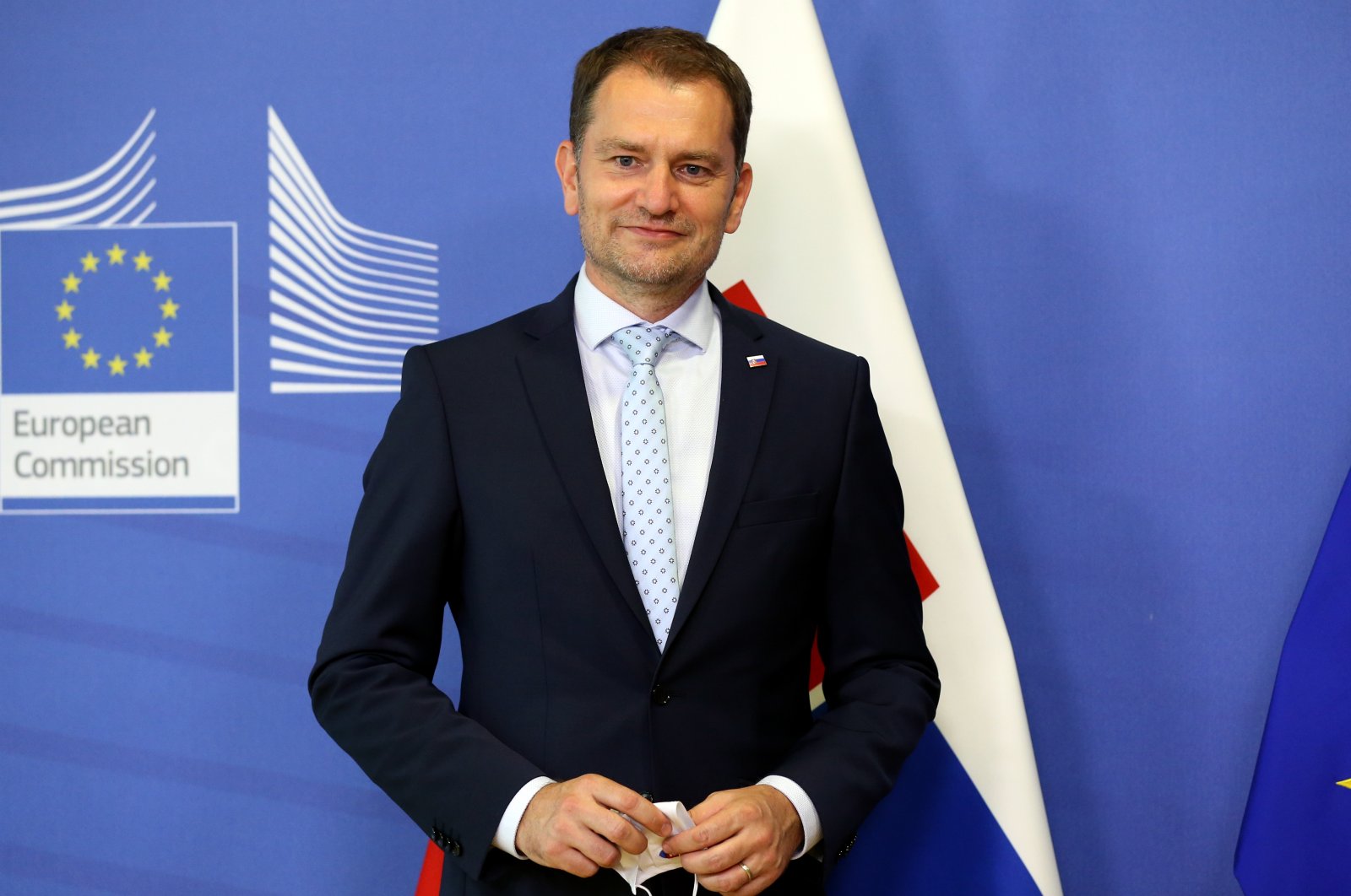 Slovakian Prime Minister Igor Matovic poses for press after a meeting with the President of the European Commission Ursula von der Leyen in Brussels, July 16, 2020. (AA)
