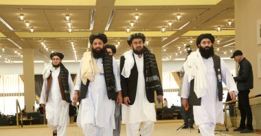 Afghanistan's Taliban delegation arrive for the agreement signing between Taliban and U.S. officials in Doha, Qatar on Feb. 29, 2020. (AP Photo)