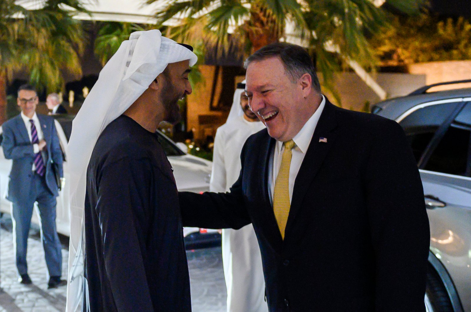 Abu Dhabi's Crown Prince Sheikh Mohammed bin Zayed Al Nahyan greets visiting U.S. Secretary of State Mike Pompeo prior to their meeting at Al-Shati Palace in the UAE capital Abu Dhabi on Jan. 12, 2019. (AP Photo)