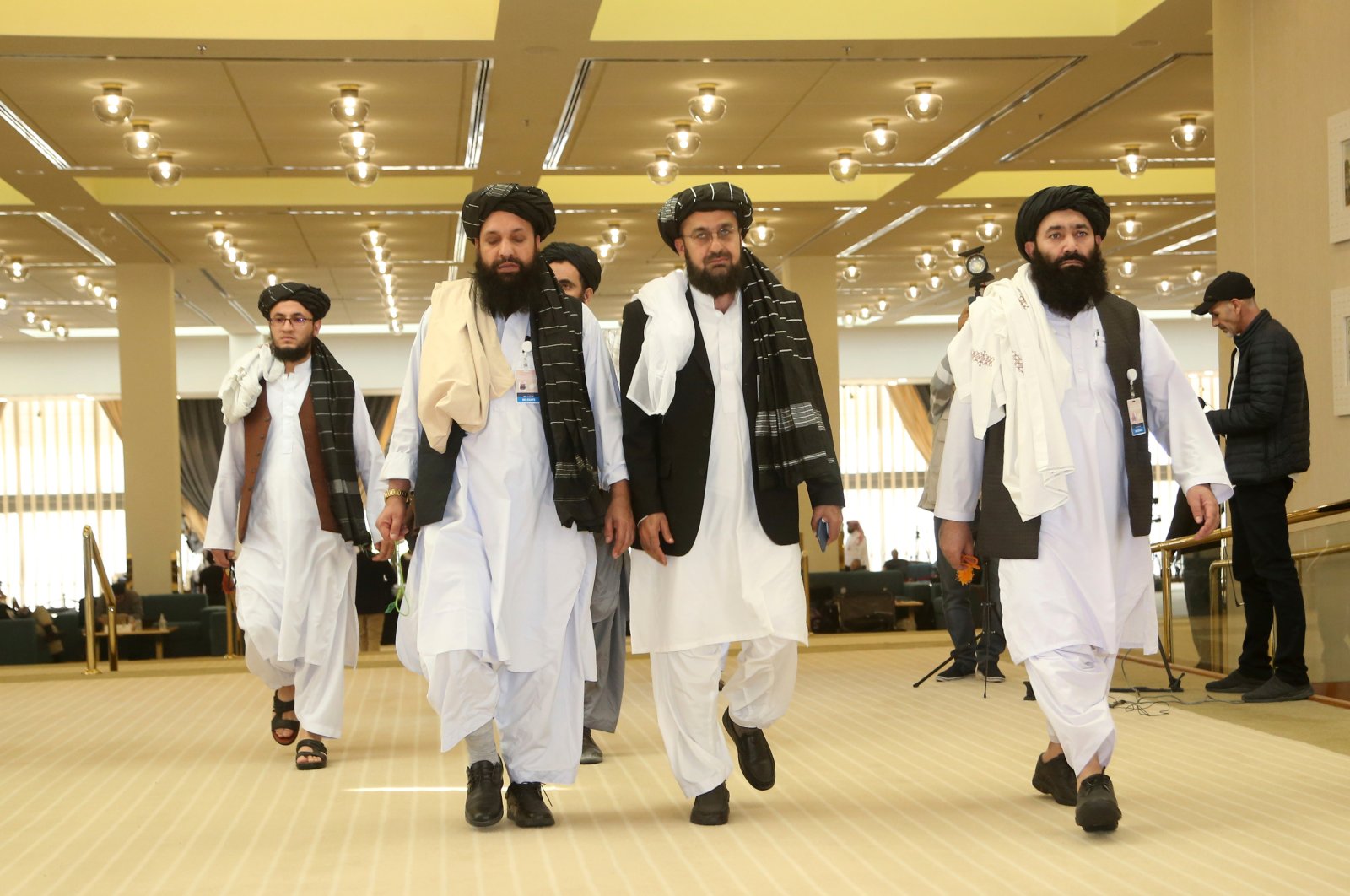 Afghanistan's Taliban delegation arrive for the agreement signing between Taliban and U.S. officials in Doha, Qatar on Feb. 29, 2020. (AP Photo)