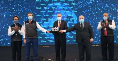 President Recep Tayyip Erdoğan (C) at the groundbreaking ceremony for Turkey’s first domestic car factory in the Gemlik district of northwestern Bursa province, July 18, 2020. (AA Photo)