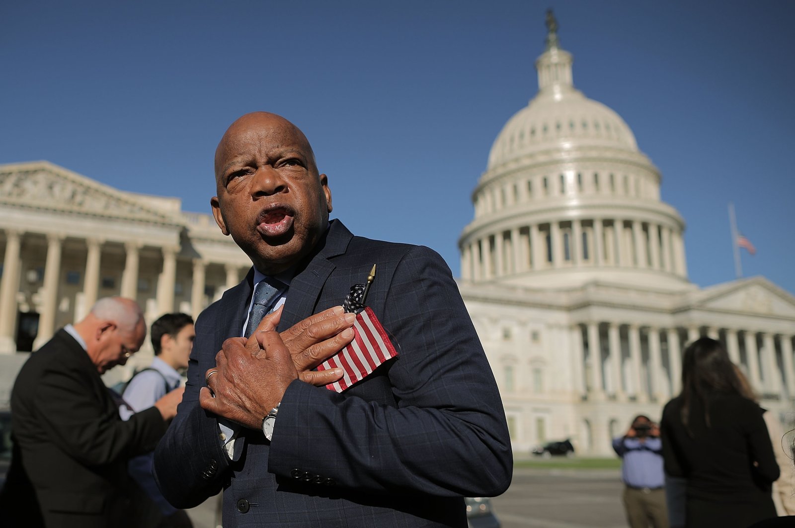 Rep. John Lewis (D-GA) thanks anti-gun violence supporters following a rally with fellow Democrats on the East Front steps of the U.S. House of Representatives October 4, 2017, in Washington, DC. (AFP Photo)