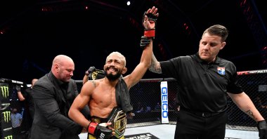 Deiveson Figueiredo celebrates after win, in Abu Dhabi, United Arab Emirates, July 19, 2020.(Reuters Photo)