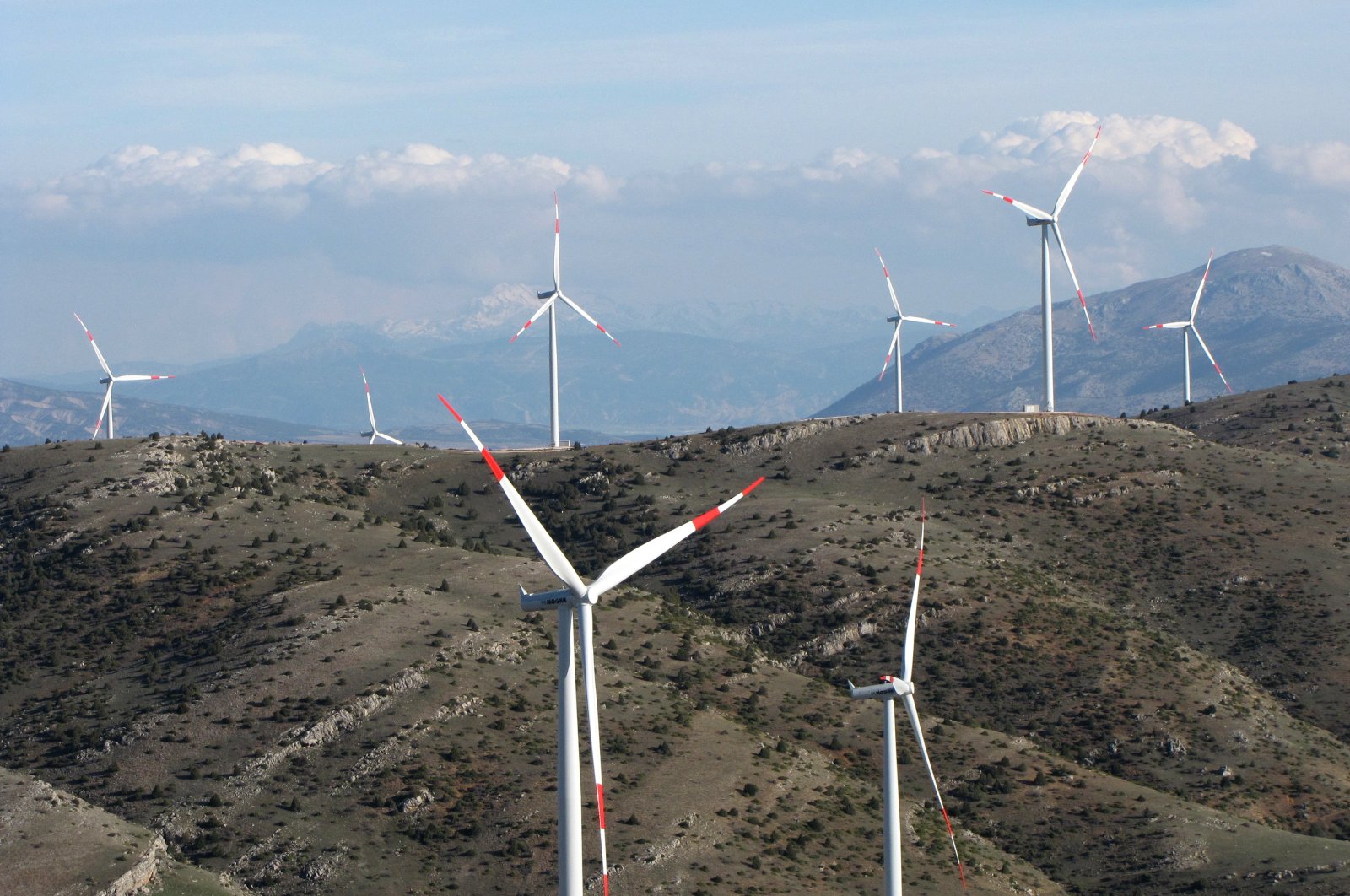 Wind turbines are seen in the Dinar district of Turkey's western province of Afyonkarahisar, March 28, 2019. (AA Photo)