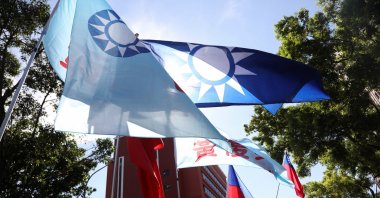 A Taiwan flag waves as people protest against the nomination of Chen Chu to head the Control Yuan, an independent government watchdog, outside the parliament building in Taipei, Taiwan, July 17, 2020. (Reuters Photo)