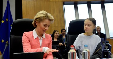European Commission President Ursula Von der Leyen reacts as she attends a meeting with Swedish climate activist Greta Thunberg and European Commissioners at the European Commission in Brussels, Belgium, March 4, 2020. (Reuters Photo)