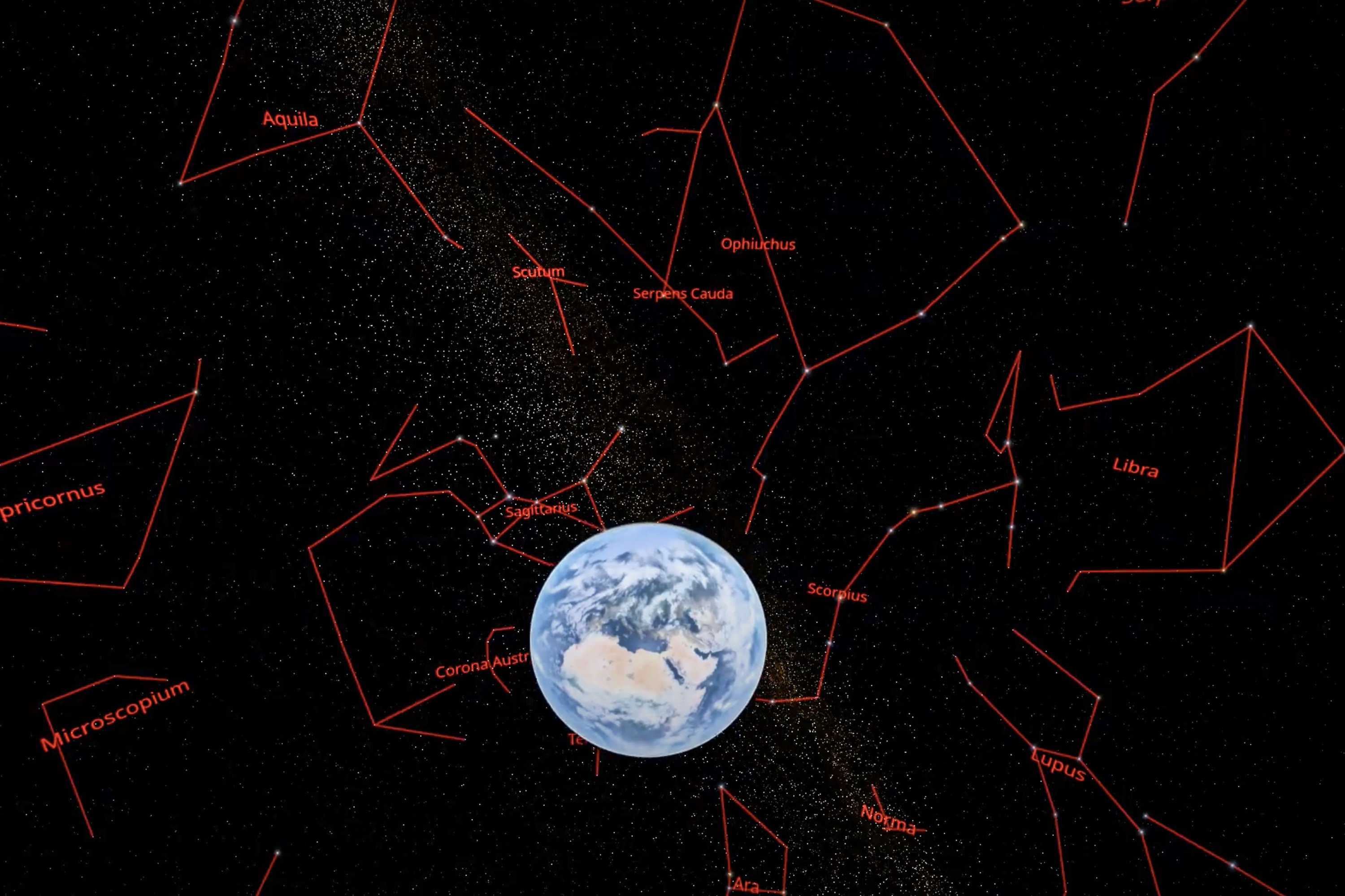 An image grab from a handout computer animation made available on July 19, 2020, by the Swiss Federal Institute of Technology Lausanne (EPFL) shows the Earth with stellar constellations. (Photo by Handout / Swiss Federal Institute of Technology Lausanne / AFP)