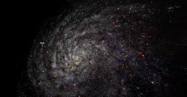 An image grab from a handout computer animation made available on July 19, 2020, by the Swiss Federal Institute of Technology Lausanne (EPFL) shows the Milky Way galaxy, with the location of the sun. (Photo by Handout / Swiss Federal Institute of Technology Lausanne / AFP)