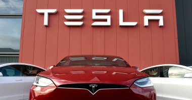 The Tesla logo marks the showroom and service center for the U.S. automotive and energy company Tesla in Amsterdam, the Netherlands, Oct. 23, 2019. (AFP Photo)