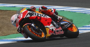 Marc Marquez steers his motorcycle during the Spanish Motorcycle Grand Prix in Jerez de la Frontera, July 19, 2020. (AP Photo)