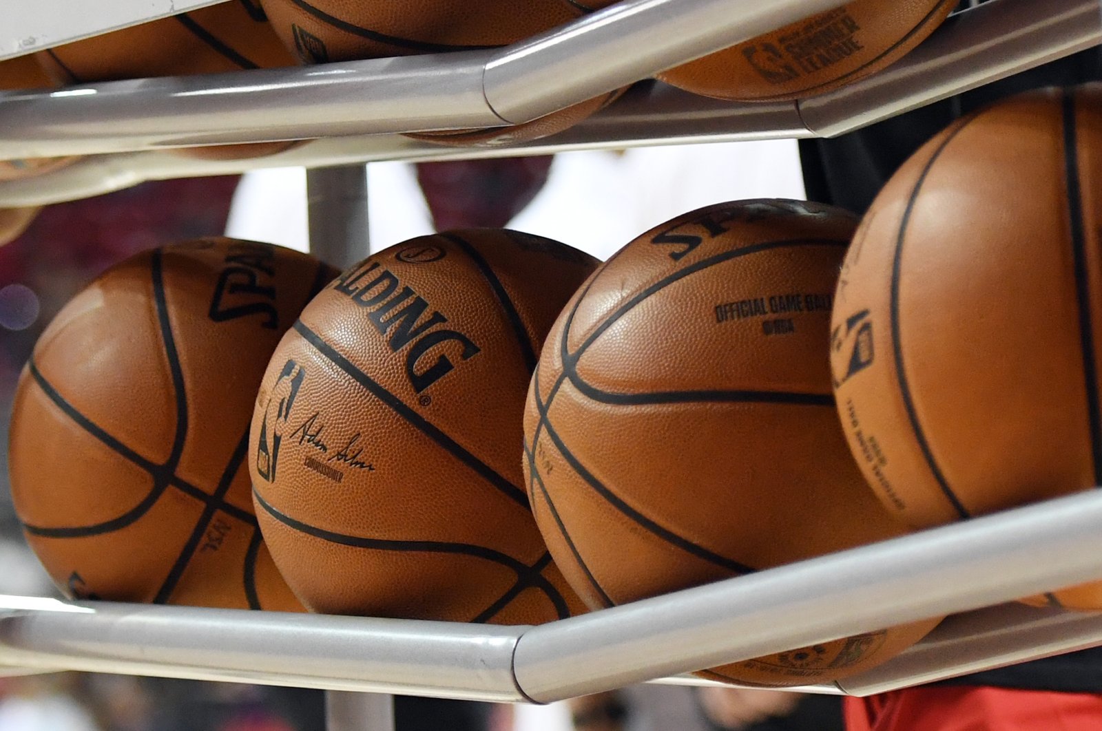 Basketballs lay in a ball rack before a game between the Washington Wizards and the New Orleans Pelicans during the 2019 NBA Summer League at the Thomas & Mack Center in Las Vegas, Nevada, U.S., July 5, 2019. (AFP Photo)