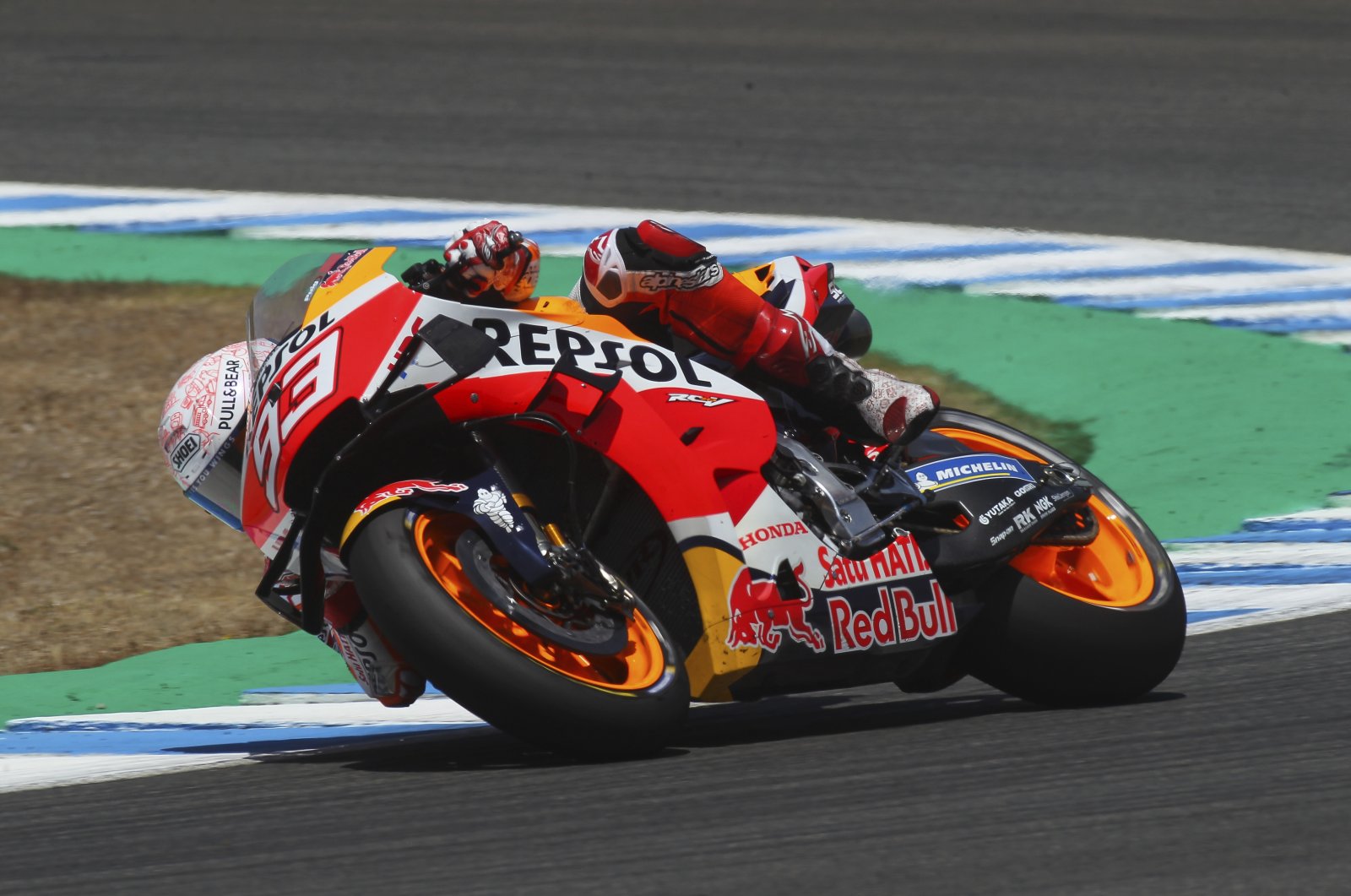 Marc Marquez steers his motorcycle during the Spanish Motorcycle Grand Prix in Jerez de la Frontera, July 19, 2020. (AP Photo)
