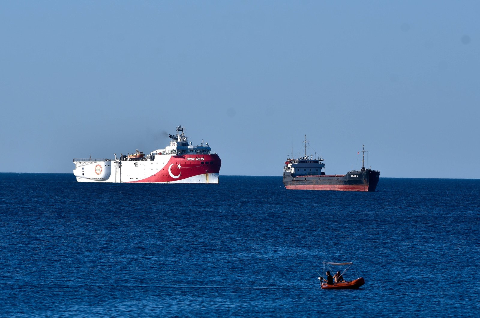 Turkey's seismic exploration vessel Oruç Reis is seen off the shore of Antalya, southwest Turkey, July 23, 2020. (DHA Photo)