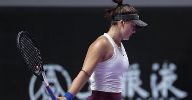 Bianca Andreescu reacts as she plays against Karolina Pliskova during the WTA Finals Tennis Tournament in Shenzhen, China, Oct. 30, 2019. (AP Photo)