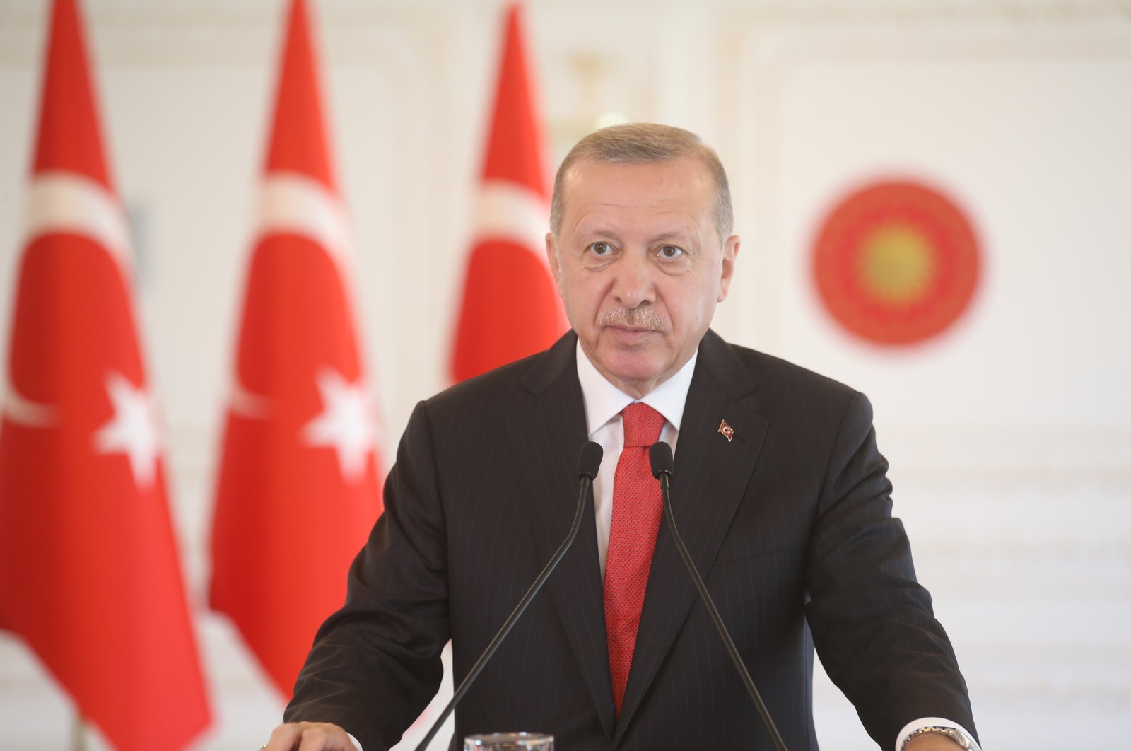 President Recep Tayyip Erdoğan speaks via video link during a mass launching ceremony of hydroelectric power plants, Istanbul, Turkey, July 5, 2020. (IHA Photo)