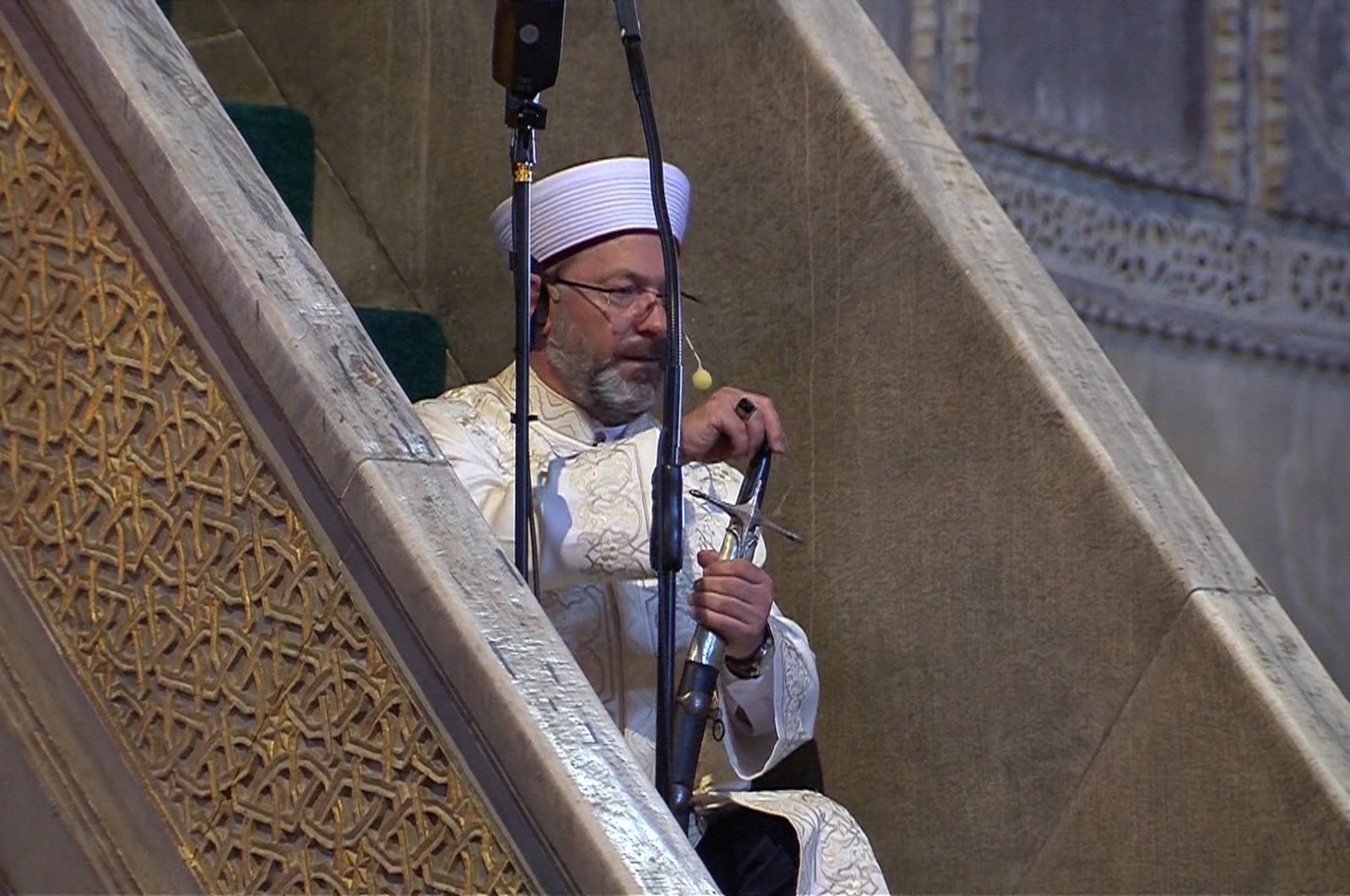 Head of Diyanet Ali Erbaş delivers first sermon in the Hagia Sophia Grand mosque with a sword, July 24, 2020 (DHA Photo)
