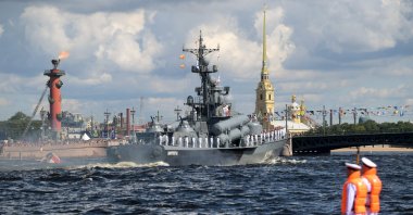 Russian missile corvette Dmitrovgrad sails on the Neva river during the Navy Day parade in St. Petersburg on July 26, 2020. (AFP Photo)