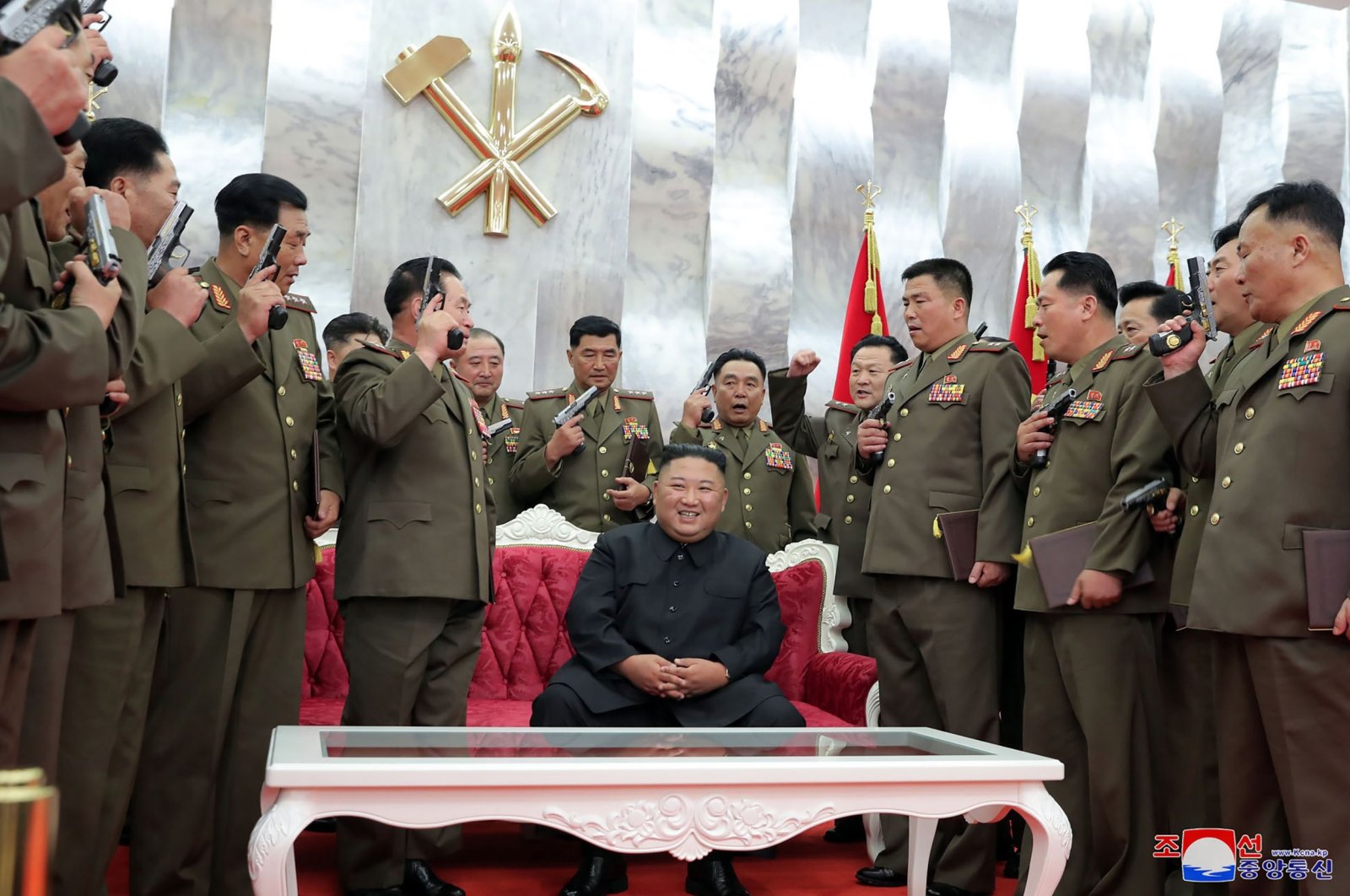 North Korean leader Kim Jong Un (C) attends a ceremony to commemorate the 67th anniversary of the Korean War cease-fire in Pyongyang, North Korea, July 27, 2020. (KCNA Photo via AFP)